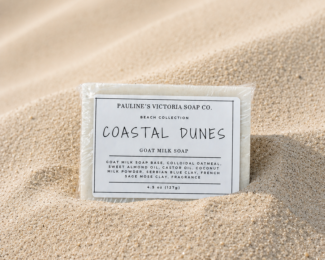 Goat milk soap bar from Pauline's Victoria Soap Co. on sand