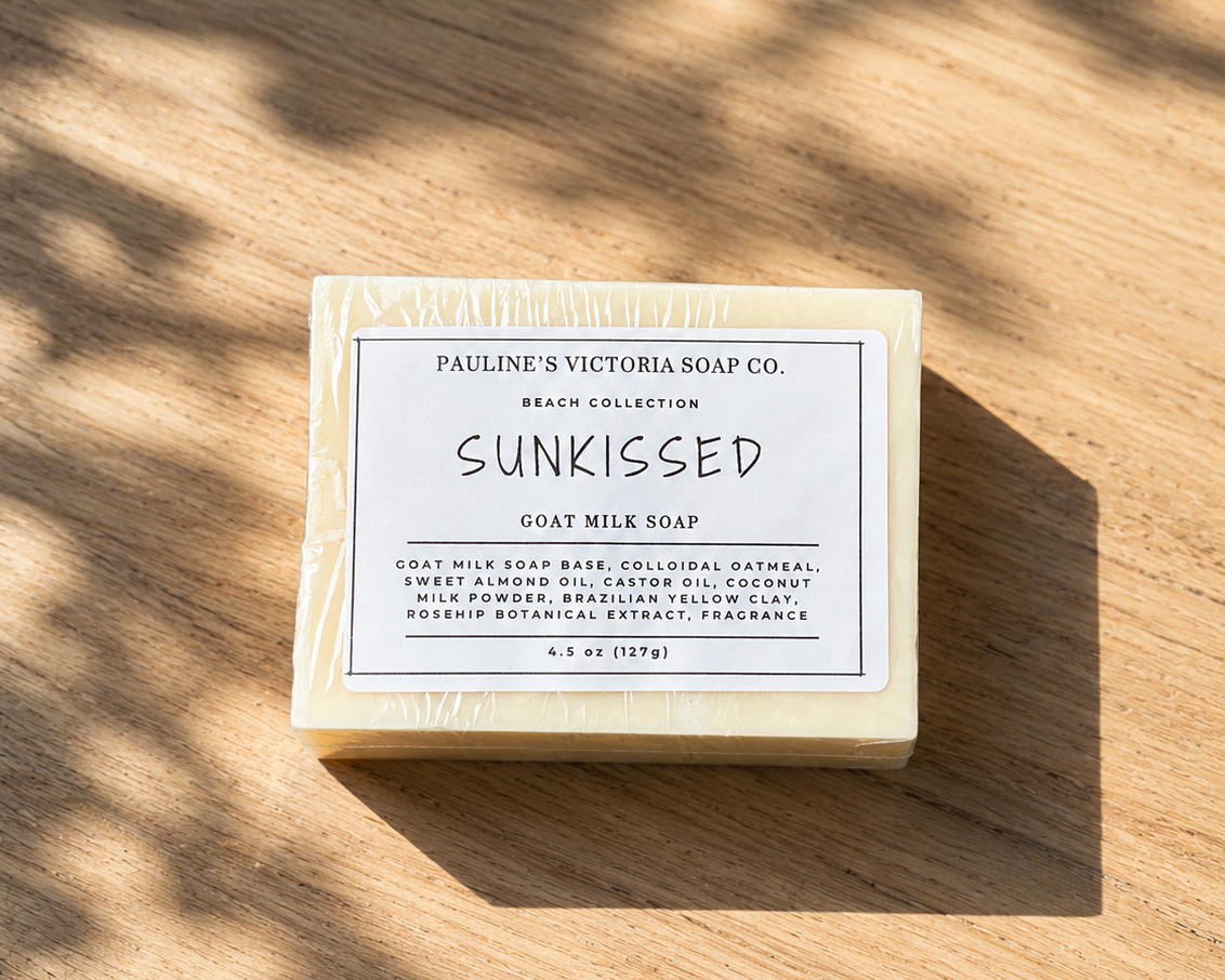 Bar of soap with 'Sunkissed' label on a wooden surface