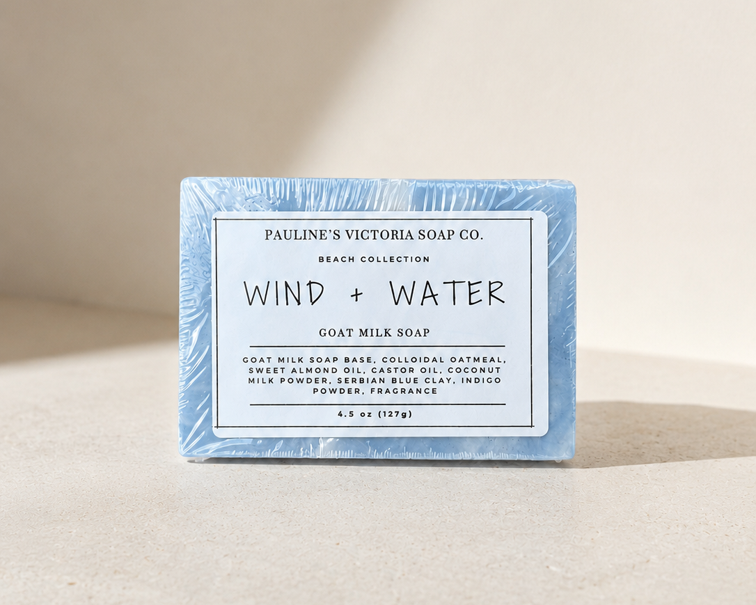 Bar of soap with a label on a beige background