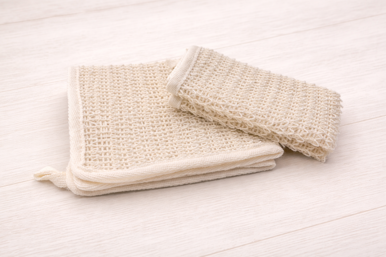 sisal washcloth on wood table