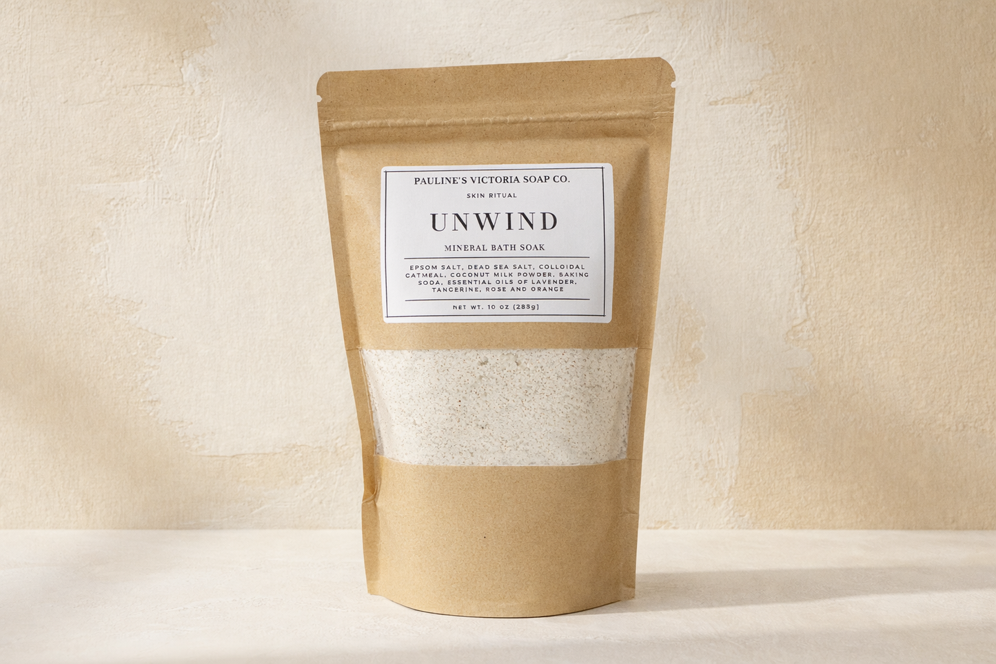 Kraft paper packaging with a label on a beige background