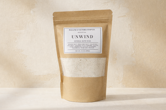 Kraft paper packaging with a label on a beige background