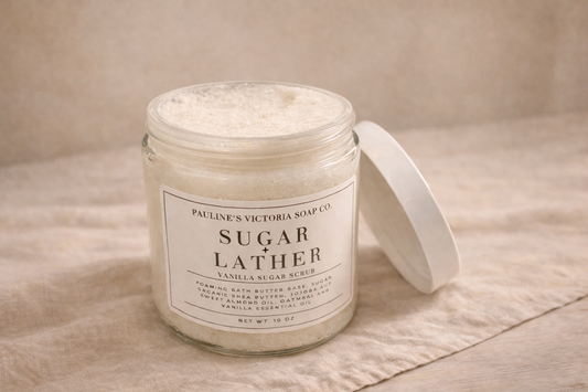 Jar of Pauline Victoria Soap Co. sugar lather on a beige surface