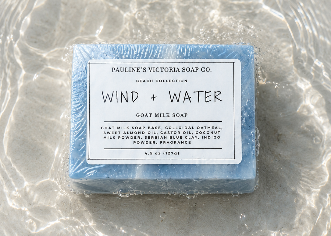 Blue soap bar with a label on a textured surface