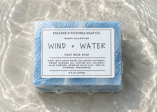Blue soap bar with a label on a textured surface