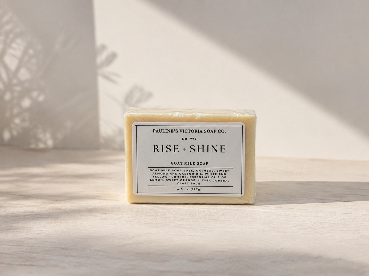 A rectangular bar of soap labeled 'Rise Shine' by Pauline's Victoria Soap Co., standing upright on a light surface with soft shadows cast across it.