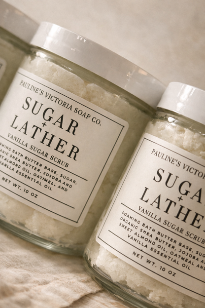Two jars of Pauline's Victoria Soap Co. Vanilla Sugar Scrub on a textured surface.