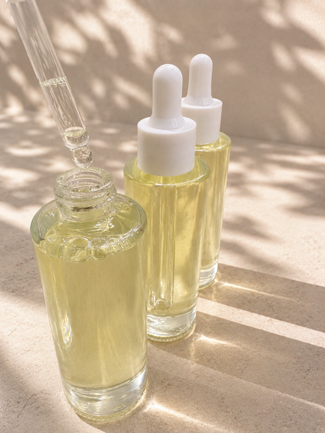 Two glass bottles with droppers containing a yellow liquid on a textured surface.